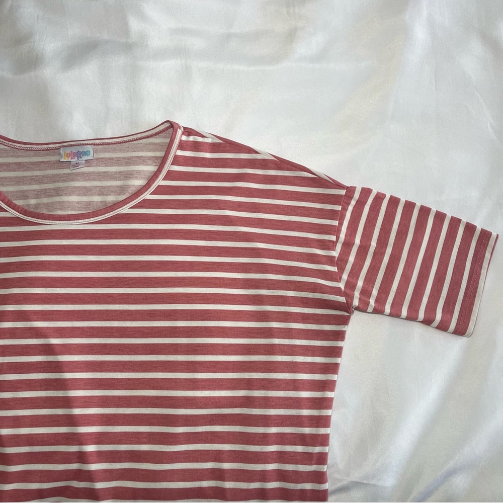 LuLaRoe Irma Pink/White Stripe Short Sleeve Tunic High Low Hem Womens Medium